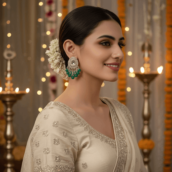 Tessara Silver-Plated Kundan Drop Earrings with Bottle Green Beaded Fringe