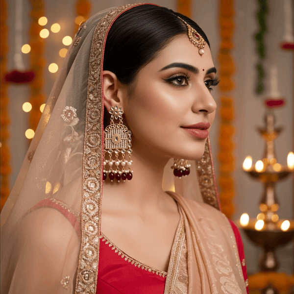 Tessara Gold-Plated Kundan Earrings with Maroon Beaded Tassels