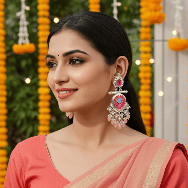 Tessara Silver-Plated Hand-Painted Meenakari Dangler Earrings with Pink Beads
