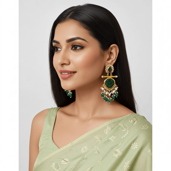 Tessara Gold-Plated Carved Stone & Pearl Drop Earrings in Bottle Green