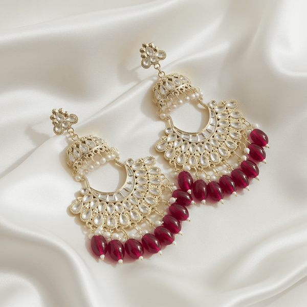 Tessara Gold Kundan Pearl Chandbali with Rani Pink Beads