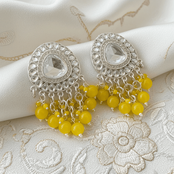 Tessara Silver-Plated Kundan Drop Earrings with Yellow Beaded Fringe