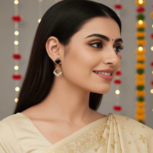 Tessara Gold-Plated Black Stone & Zirconia Drop Earrings