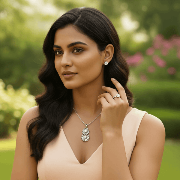 Tessara Sterling Silver Zirconia Floral & Solitaire Pendant Set