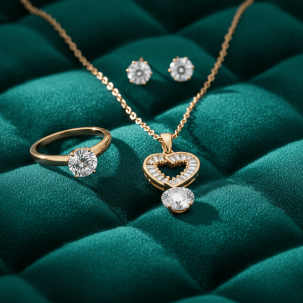 Tessara Gold-Plated Zirconia Heart & Solitaire Pendant Set
