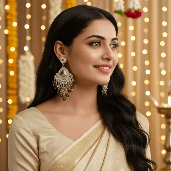 Tessara Silver-Plated Kundan Teardrop Earrings with Mehendi Green Beaded Fringe