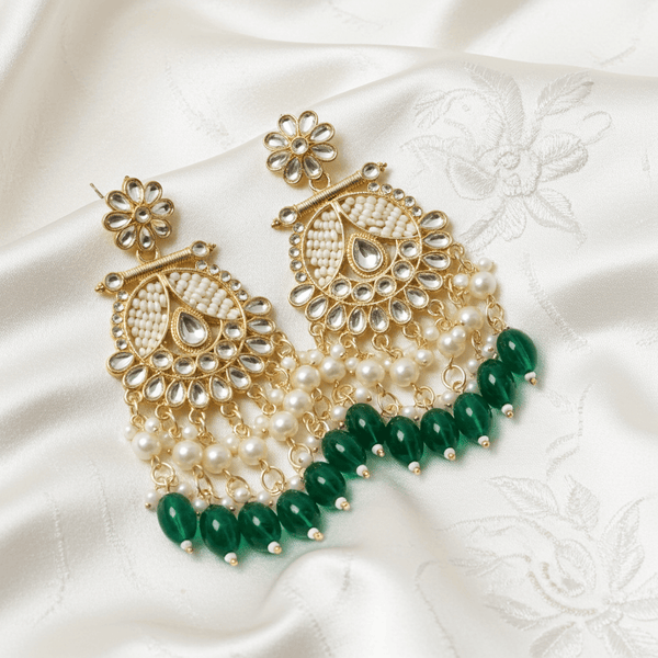 Tessara Gold-Plated Kundan & Pearl Chandbali Earrings with Bottle Green Beads