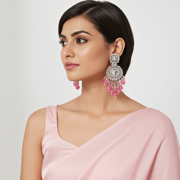 Tessara Silver Kundan Drop Earrings with Rani Pink Beads