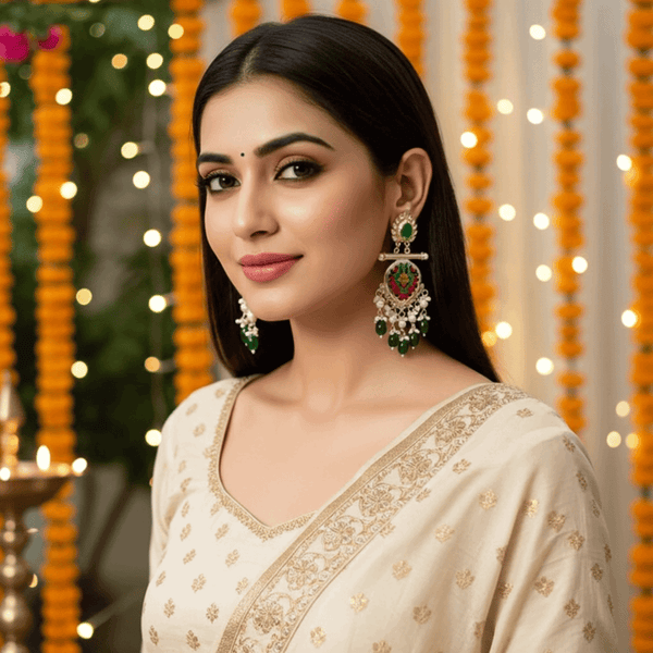 Tessara Silver-Plated Multicolor Meenakari Earrings with Green Beaded Tassels