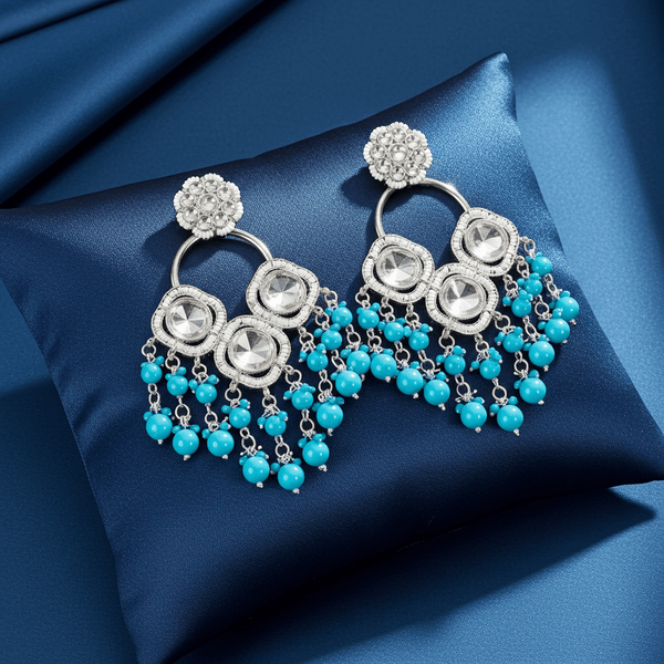 Tessara Silver-Plated Kundan Chandelier Earrings with Sky Blue Beaded Tassels