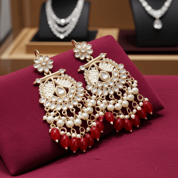 Tessara Gold-Plated Kundan & Pearl Chandbali Earrings with Ruby Red Beads