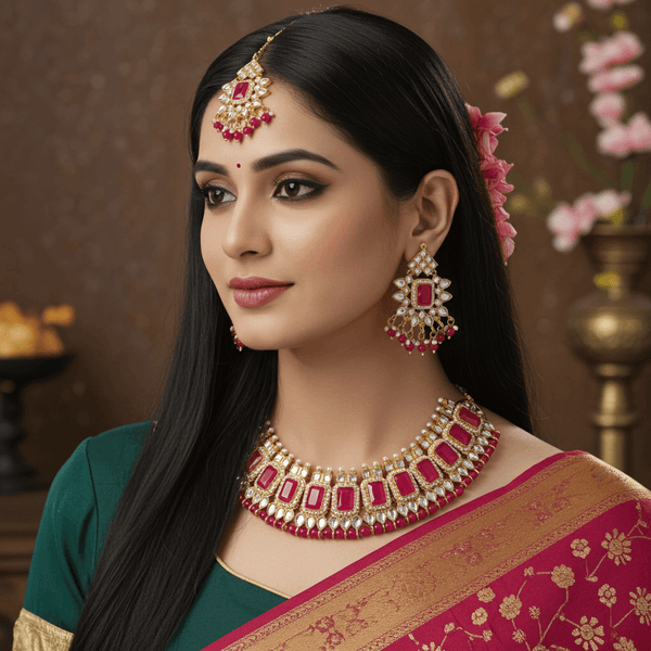 Tessara Gold-Plated Stone-Studded Jewellery Set, Rani Pink