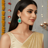 Tessara Silver-Plated Kundan Drop Earrings with Carved Sea Green Stone