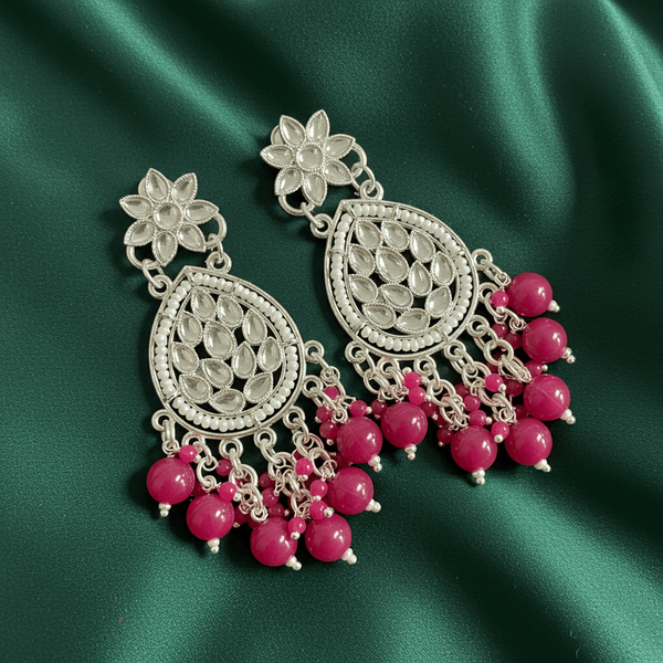 Tessara Silver Kundan Teardrop Danglers with Rani Pink Beads