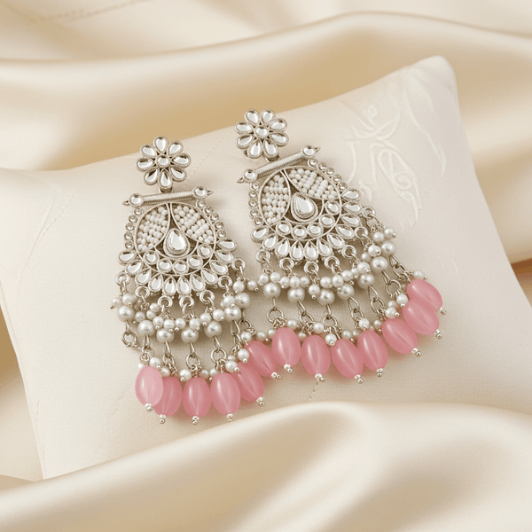 Tessara Silver-Plated Kundan Chandelier Earrings with Dusty Pink Beads