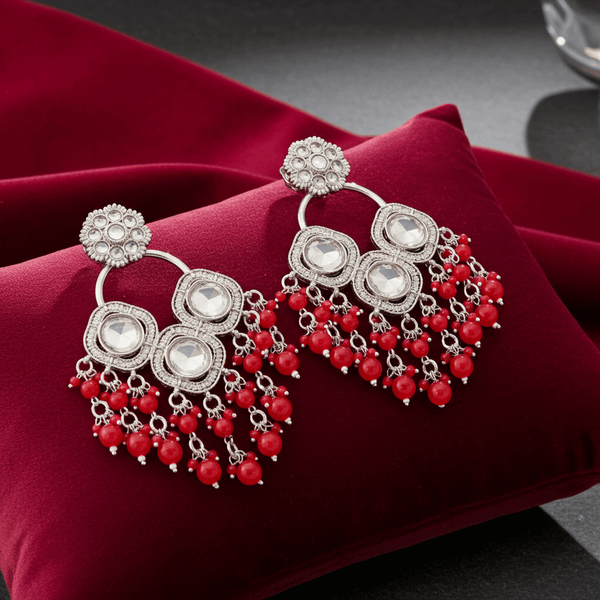 Tessara Silver-Plated Kundan Chandelier Earrings with Red Beaded Tassels