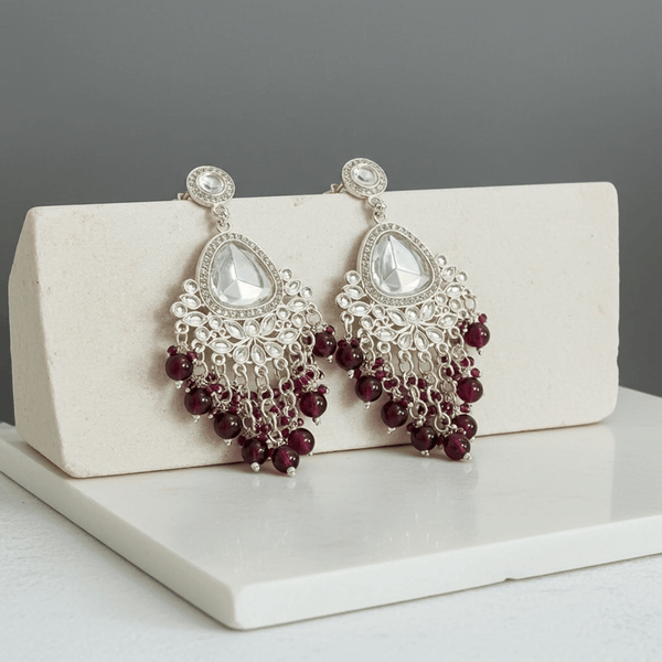 Tessara Silver-Plated Kundan Chandelier Earrings with Wine Beaded Tassels