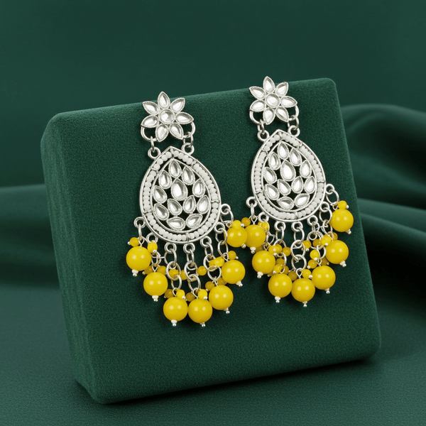 Tessara Silver Kundan Teardrop Danglers with Yellow Beads