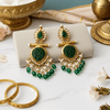 Tessara Gold-Plated Carved Stone & Pearl Drop Earrings in Bottle Green