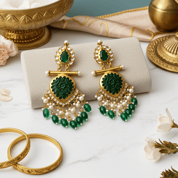 Tessara Gold-Plated Carved Stone & Pearl Drop Earrings in Bottle Green