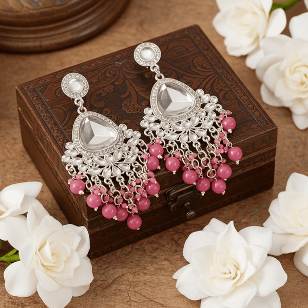 Tessara Silver-Plated Kundan Chandelier Earrings with Onion Pink Beaded Tassels