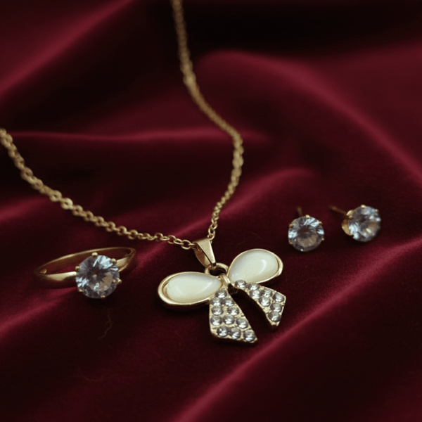 Tessara Gold-Plated Translucent Stone Bow & Zirconia Pendant Set