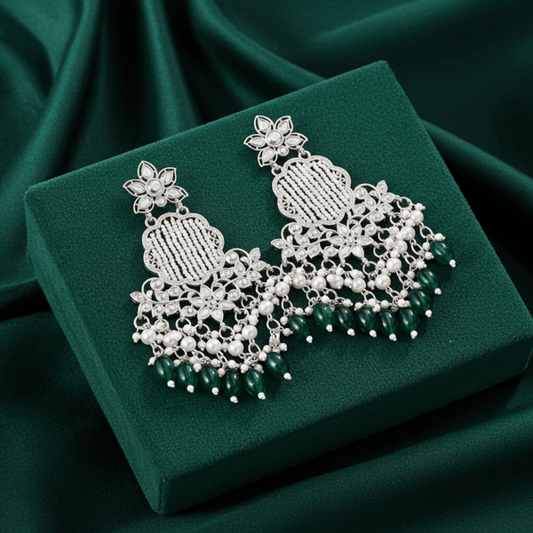 Tessara Silver Kundan Chandeliers with Bottle Green Beads