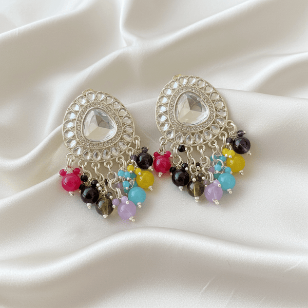 Tessara Silver-Plated Kundan Drop Earrings with Multicolor Beaded Fringe