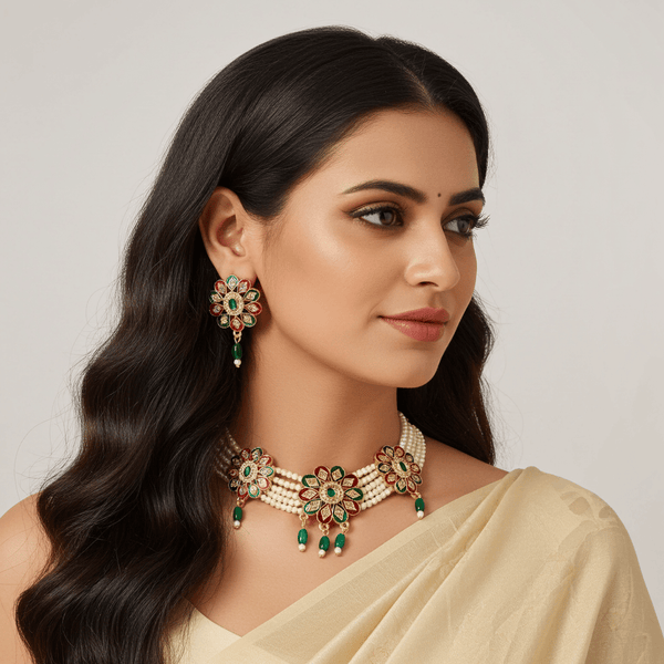 Tessara Copper Gold-plated Green, Red Jewel Set