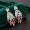 Tessara Silver-Plated Kundan Teardrop Earrings with Multicolor Beaded Fringe