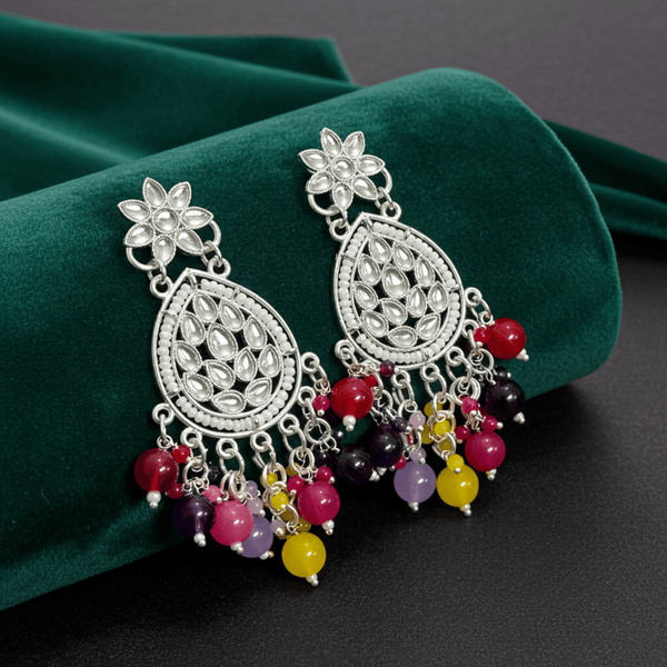 Tessara Silver-Plated Kundan Teardrop Earrings with Multicolor Beaded Fringe