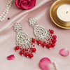 Tessara Silver-Plated Kundan Teardrop Earrings with Coral Red Beaded Fringe