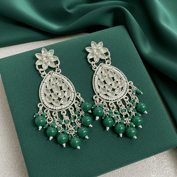 Tessara Silver Kundan Danglers with Bottle Green Beads