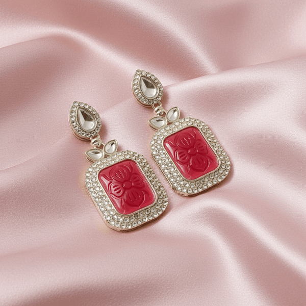 Tessara Silver-Plated Kundan Drop Earrings with Carved Rani Pink Stone