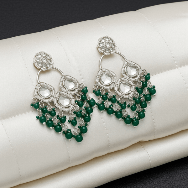 Tessara Silver-Plated Kundan Chandelier Earrings with Bottle Green Beaded Tassels