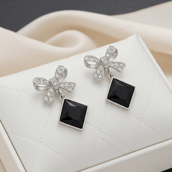 Tessara Silver-Plated Bow Drop Earrings with Black Square Stone