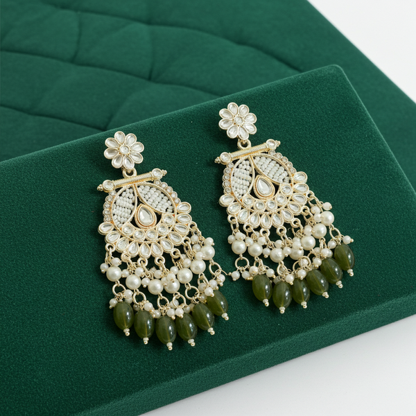 Tessara Gold-Plated Kundan & Pearl Chandbali Earrings with Mehendi Green Beads