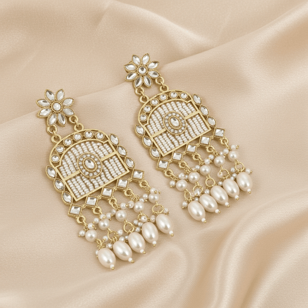Tessara Gold-Plated Kundan Chandelier Earrings with White Pearls