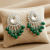 Tessara Silver-Plated Kundan Drop Earrings with Bottle Green Beaded Fringe