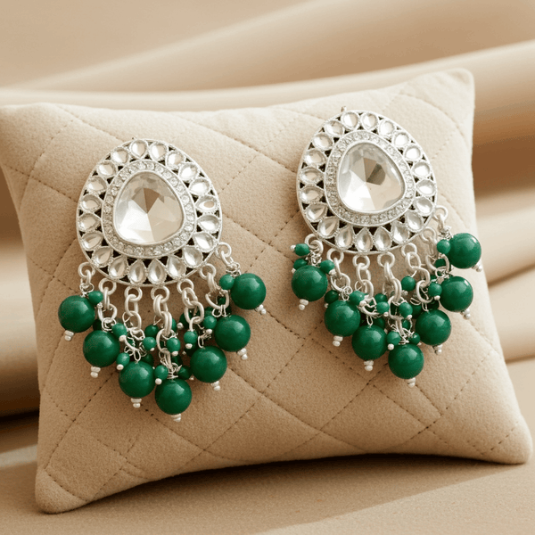 Tessara Silver-Plated Kundan Drop Earrings with Bottle Green Beaded Fringe