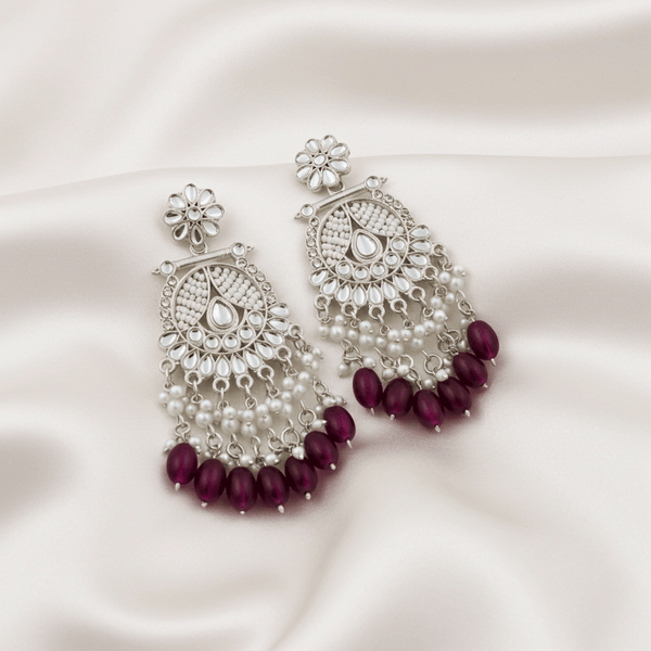 Tessara Silver-Plated Kundan Chandelier Earrings with Wine Beads