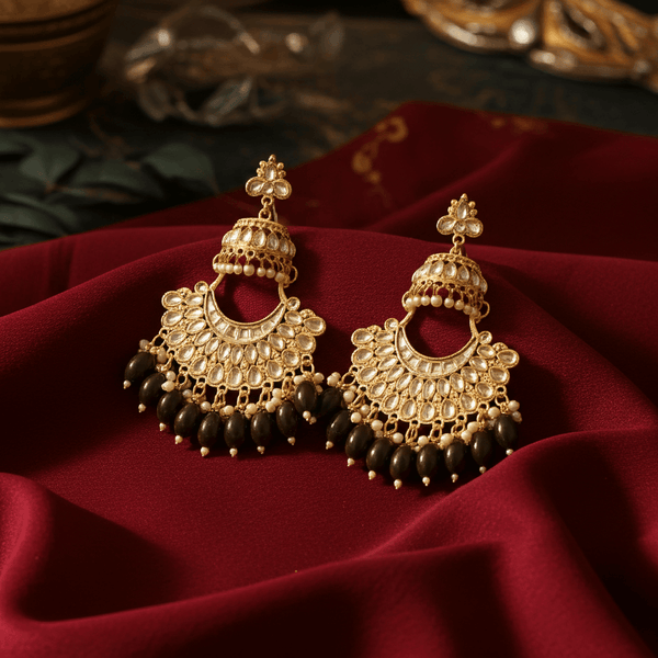 Tessara Gold Kundan Pearl Chandbali with Mehendi Green Beads