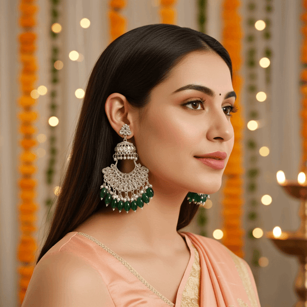 Tessara Silver-Plated Kundan Chandbali Earrings with Bottle Green Beads