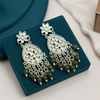 Tessara Silver-Plated Kundan Teardrop Earrings with Mehendi Green Beaded Tassels