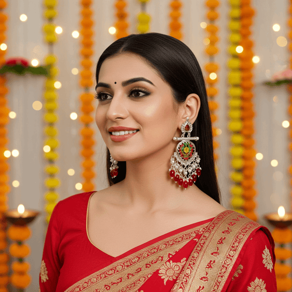 Tessara Silver-Plated Hand-Painted Meenakari Dangler Earrings with Red Beads