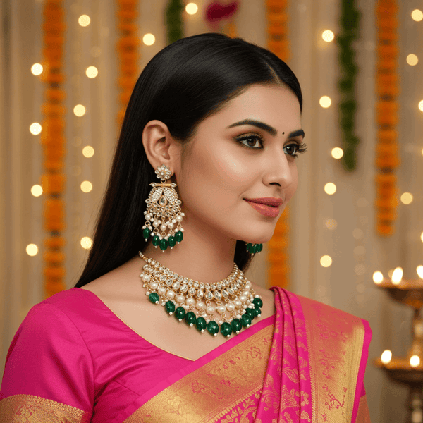 Tessara Gold-Plated Kundan & Pearl Chandbali Earrings with Bottle Green Beads