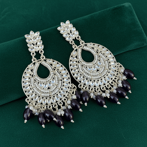 Tessara Silver-Plated Kundan Chandbali Earrings with Wine Beads