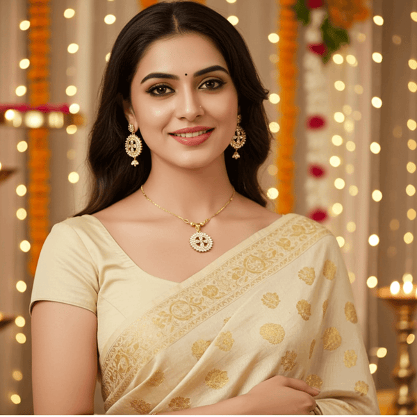 Tessara Gold-Plated White AD-Studded Floral Halo Pendant