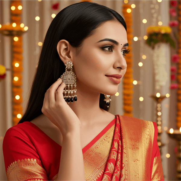 Tessara Gold-Plated Kundan Chandelier Earrings with Black Beads