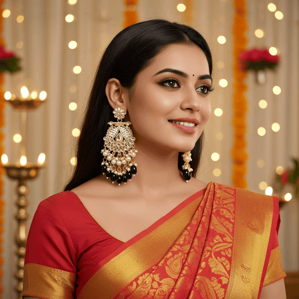 Tessara Gold-Plated Kundan & Pearl Chandbali Earrings with Black Beads